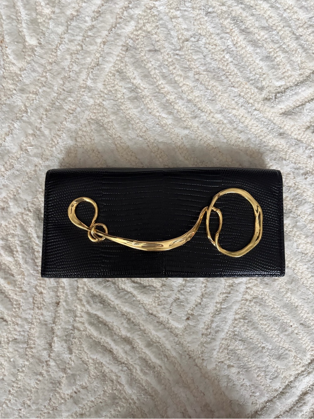 NWT Alexis Bittar Clutch | Black Lizard-Embossed Purse with Gold Metal Twist - Picture 11 of 17